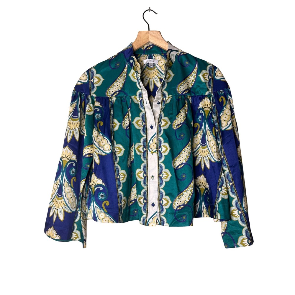 Tyler Boe Silk Cotton Paisley Floral Button Down Blouse Teal Blue XS